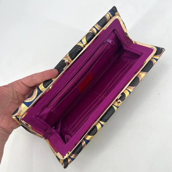 Hobo Kisslock Clutch Envelope Purse Metallic Geometric Circles Leather Modern